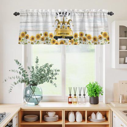 Gnomes Sunflowers Kitchen Curtains Set, Tier Curtain 36 Inches Length, Country Yellow Floral Bees Farmhouse Wooden Window Treatment Valance and Tiers Set Decor for Living Room/Bedroom