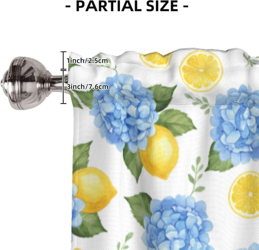 Blue Hydrangeas Yellow Lemons Valances for Windows, Rod Pocket Kitchen Curtain Valances, Light Filtering Short Window Valance Curtains Topper for Bathroom Laundry Room, 54x18 Inch, 1 Panel