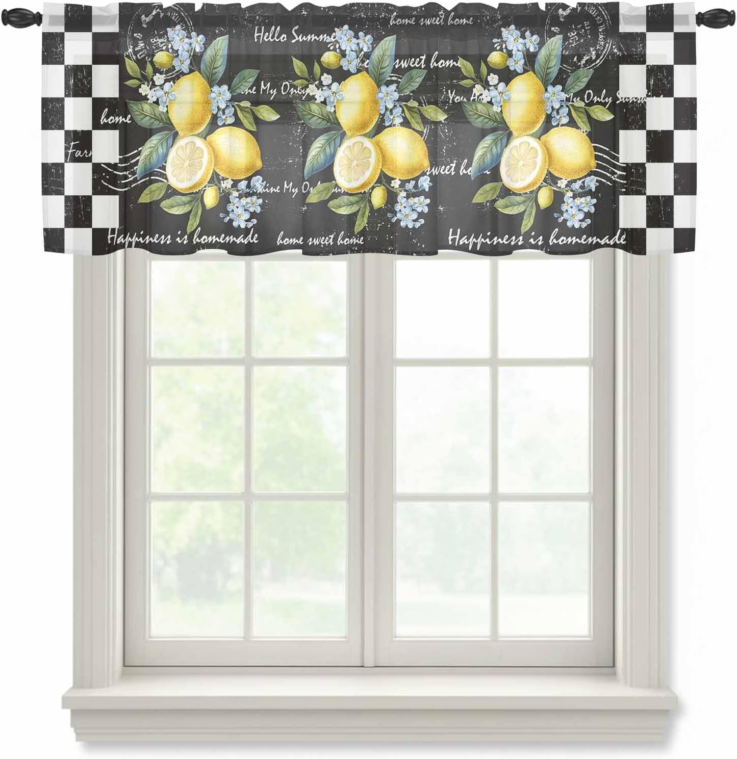 Summer Lemon Sheer Curtain 18 Inch Long Farm Plant Floral Leaf Black White Plaid Retro Light Filtering Rod Pocket Voile Curtain Valance for Bedroom Kitchen Cafe Window 54" W x 18" L