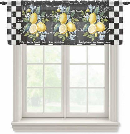 Summer Lemon Sheer Curtain 18 Inch Long Farm Plant Floral Leaf Black White Plaid Retro Light Filtering Rod Pocket Voile Curtain Valance for Bedroom Kitchen Cafe Window 54" W x 18" L