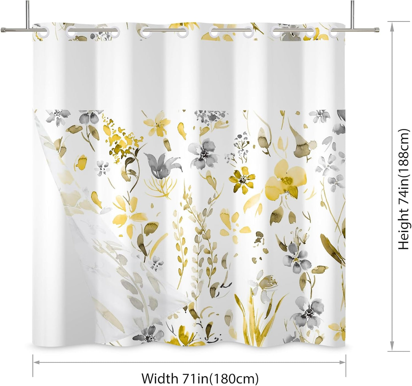 No Hook Shower Curtain,Yellow Gray Floral Double-Layered Shower Curtain with Snap-in Liner and Weights,Watercoor Flower Leaves Fabric Bath Curtain with See Through Mesh, 71x74in