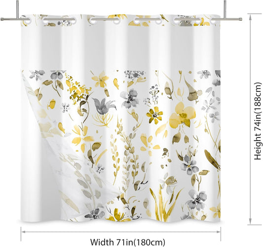 No Hook Shower Curtain,Yellow Gray Floral Double-Layered Shower Curtain with Snap-in Liner and Weights,Watercoor Flower Leaves Fabric Bath Curtain with See Through Mesh, 71x74in