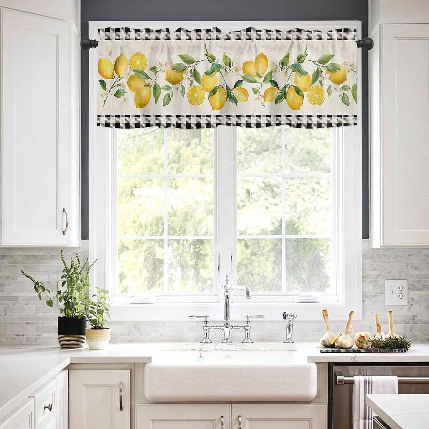 Valances for Window Semi Sheer Valance Light Filtering Small Window Curtains Art Farm Summer Yellow Lemon Black White Plaid Curtain for Living Room Bathroom 60"x18"