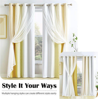 Ombre 100% Blackout Curtains 54 Inches Long 2 Panels for Bedroom Living Room Yellow and White Double Layer Sheer Overlay Mix & Match Grommet Thermal Soundproof Drapes with Tiebacks, 52x54