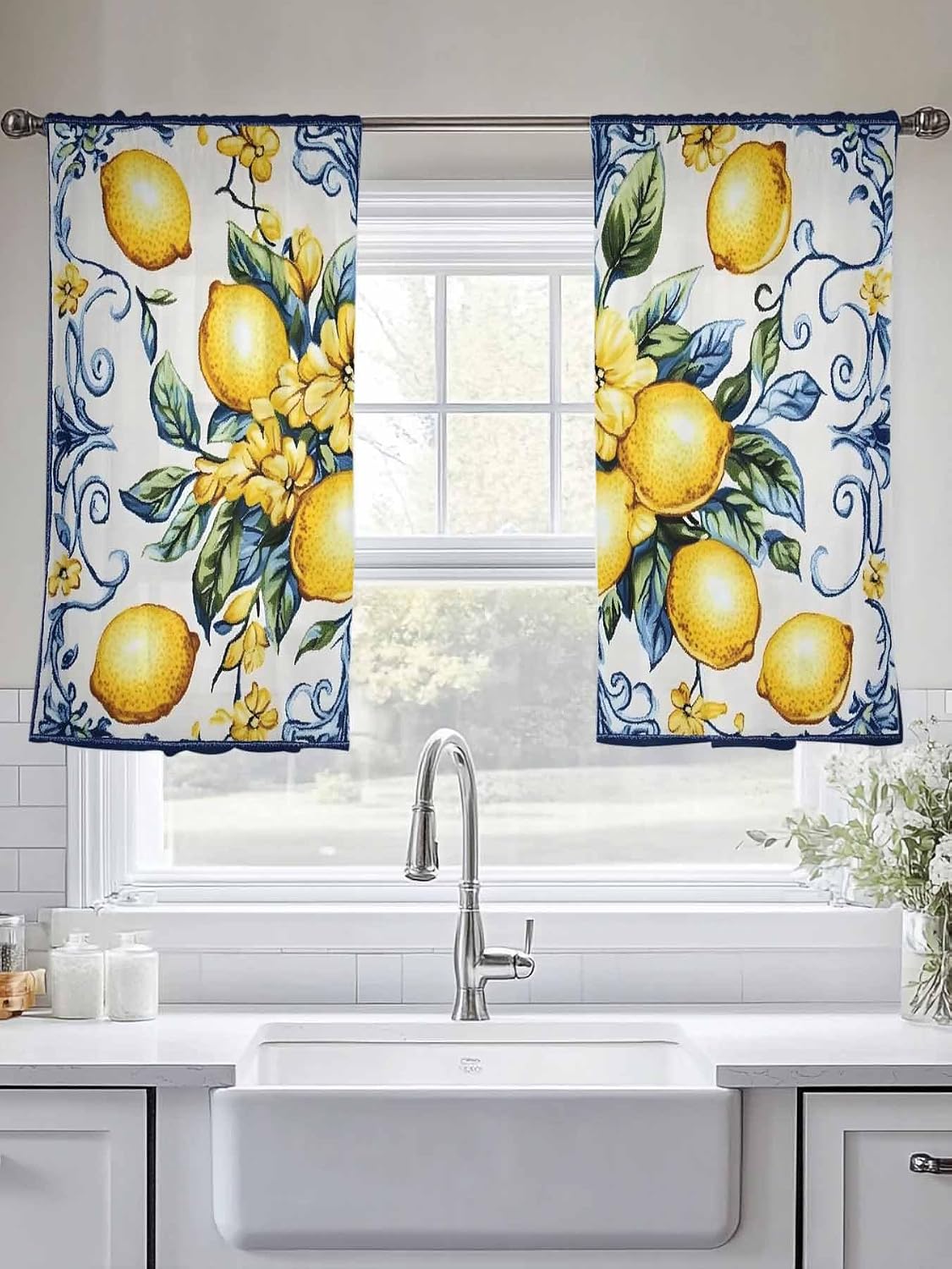 Yellow Lemon Semi Sheer Curtains 45 inch Length 2 Panels Set Middle Century Blue Italian Textured Kitchen Curtains Rod Pocket Sheer Drapes for Bedroom Living Room, Voile Window Treatment