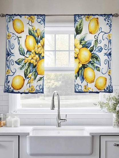 Yellow Lemon Semi Sheer Curtains 45 inch Length 2 Panels Set Middle Century Blue Italian Textured Kitchen Curtains Rod Pocket Sheer Drapes for Bedroom Living Room, Voile Window Treatment