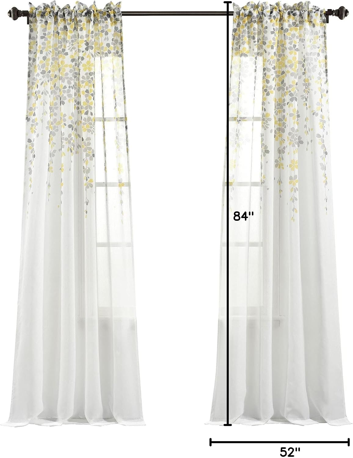 Lush Decor Weeping Flower Sheer Window Curtain Panels, Pair, 38" W x 84" L + 2" Header, Yellow & Gray - Sheer Curtains - Farmhouse Decor - Floral Curtains for Living Room, Bedroom & Dining Room