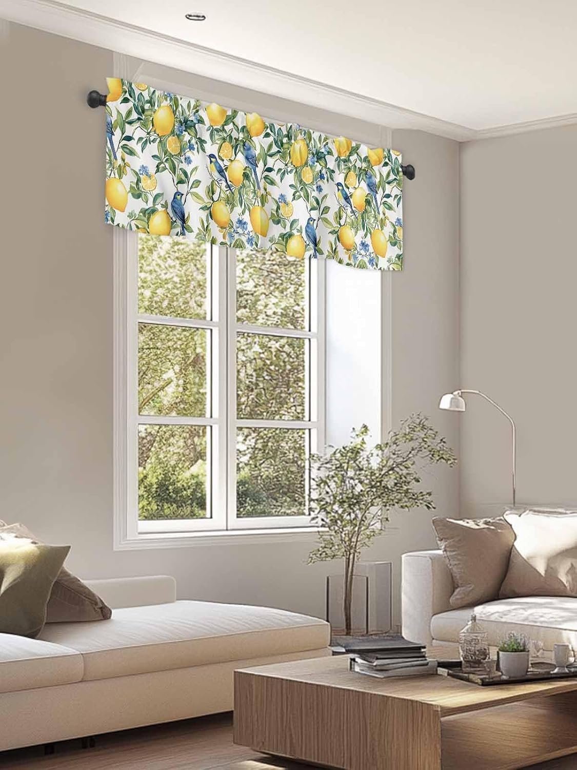 Chinoiserie Tropical Valances for Windows Yellow Lemon Blue Bird Pattern Kitchen Valance Curtains for Living Room/Bathroom Windows，Rod Pocket Cafe Curtain,1 Panel, 42" x12