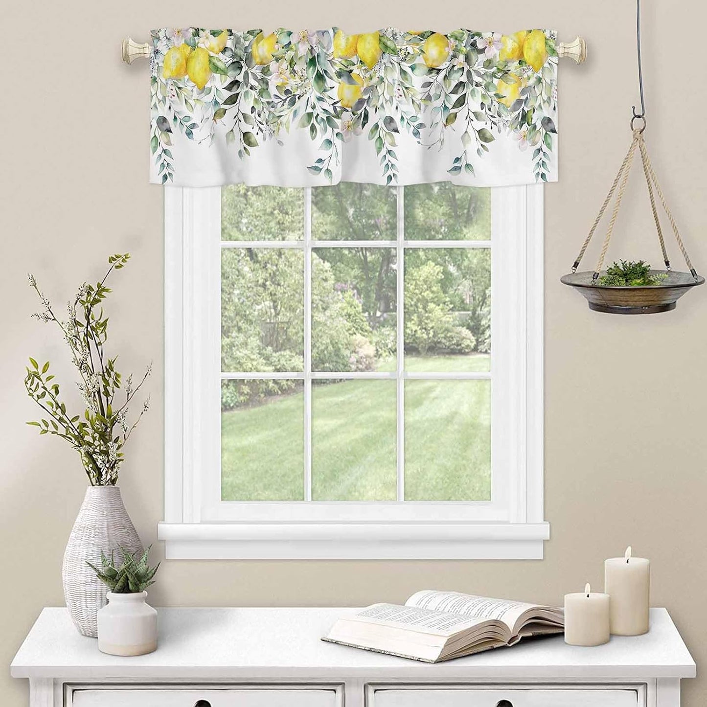 2 Pack Yellow Lemon Kitchen Valances for Windows, Nature Eucalyptus Leaves Short Valance Curtains Rod Pocket Window Treatments Watercolor Flowers Valances for Living Room Bedroom 42x12 Inch, 2 Panels