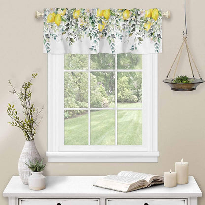 2 Pack Yellow Lemon Kitchen Valances for Windows, Nature Eucalyptus Leaves Short Valance Curtains Rod Pocket Window Treatments Watercolor Flowers Valances for Living Room Bedroom 42x12 Inch, 2 Panels