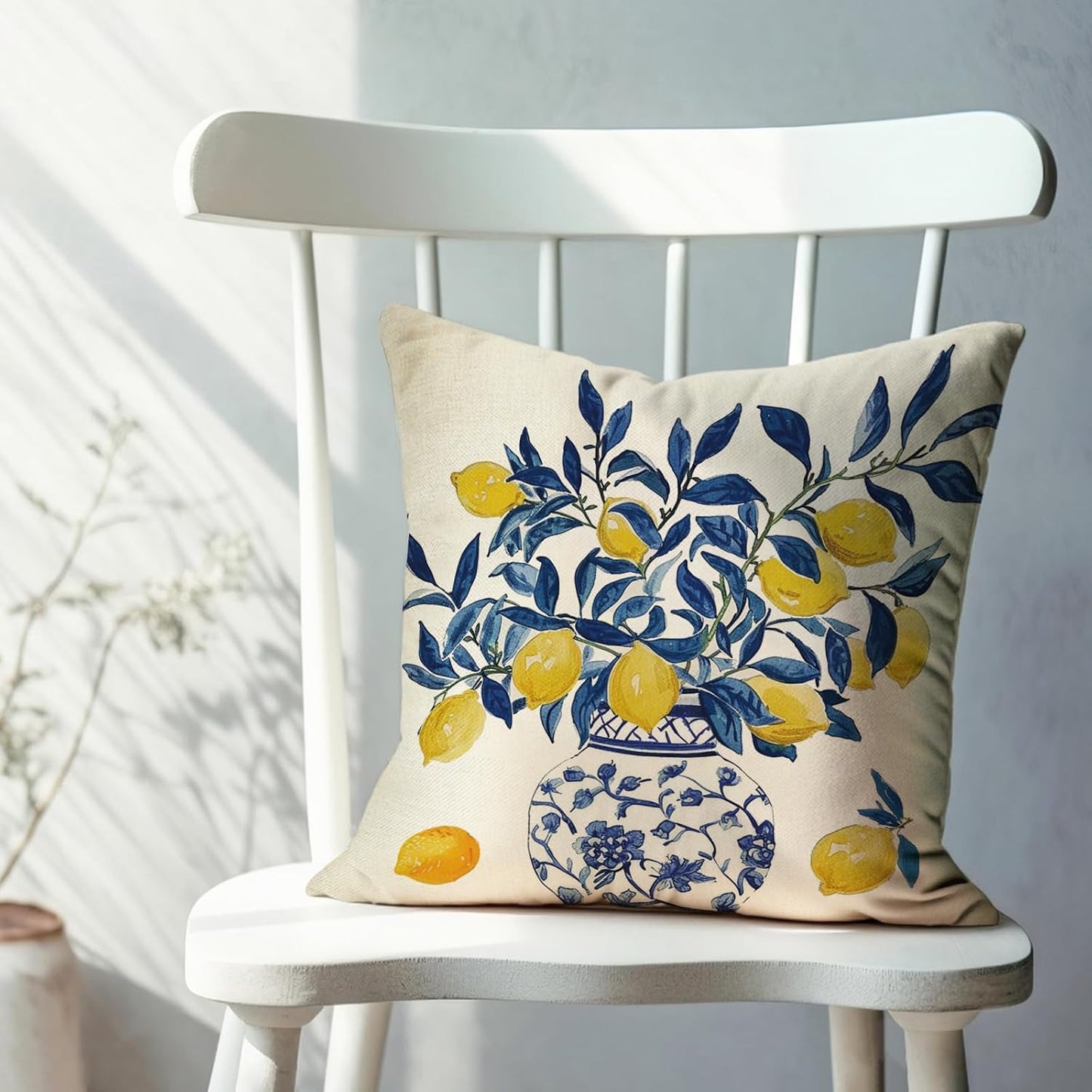 Fahrendom Lemon Decorative Throw Pillow Covers 18 x 18 Set of 2, Blue and White Porcelain Citrus Porch Pillowcase, Summer Mediterranean Sofa Couch Cushion Case Home Decor