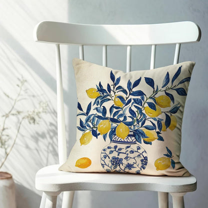 Fahrendom Lemon Decorative Throw Pillow Covers 18 x 18 Set of 2, Blue and White Porcelain Citrus Porch Pillowcase, Summer Mediterranean Sofa Couch Cushion Case Home Decor