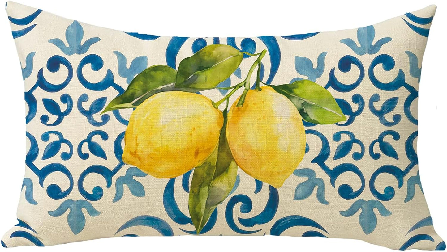 Blue Lemon Lumbar Decorative Throw Pillow Cover 12 x 20, Rectangular Amalfi Coast Citrus Italy Tile Pattern Outdoor Home Decor, Summer Mediterranean Couch Cushion Case Housewarming Gift