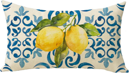Blue Lemon Lumbar Decorative Throw Pillow Cover 12 x 20, Rectangular Amalfi Coast Citrus Italy Tile Pattern Outdoor Home Decor, Summer Mediterranean Couch Cushion Case Housewarming Gift