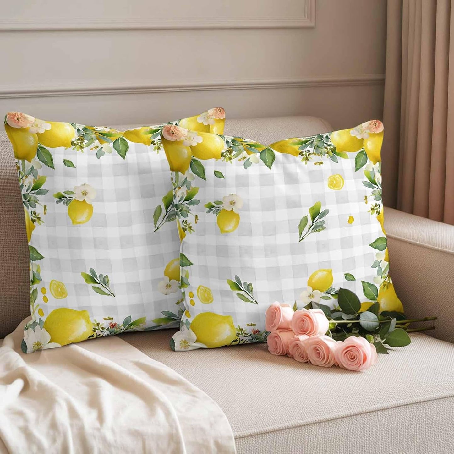 Outdoor Pillow Covers 18x18 Pack of 2, Summer Yellow Lemon on Grey Check Decorative Pillow Cover Waterproof Pillowcase, Farmhouse Fruit Theme Farmhouse Cushion Covers for Garden Patio Sofa Couch