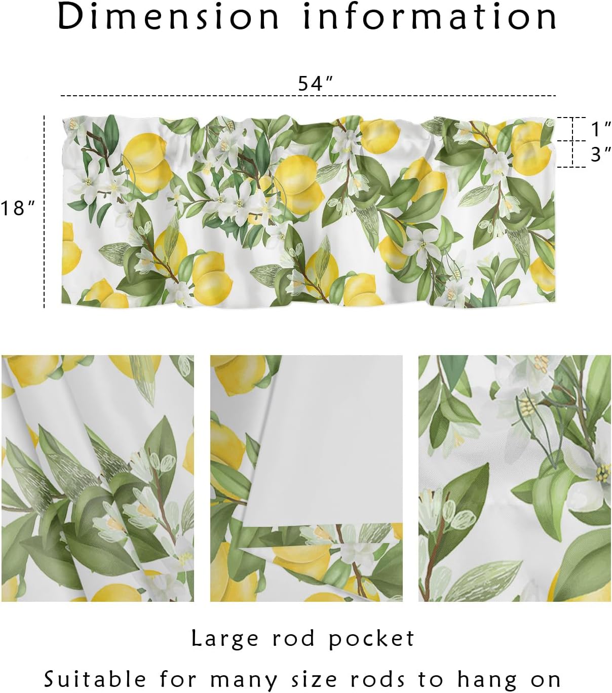 Nature Window Valance Flowering Lemon Woody Plant Romance Habitat Citrus Fresh Background Window Treatment Valances, Rod Pocket Curtain Valances for Kitchen Bedroom, 54" X 18", 1 Panel, Fern Green