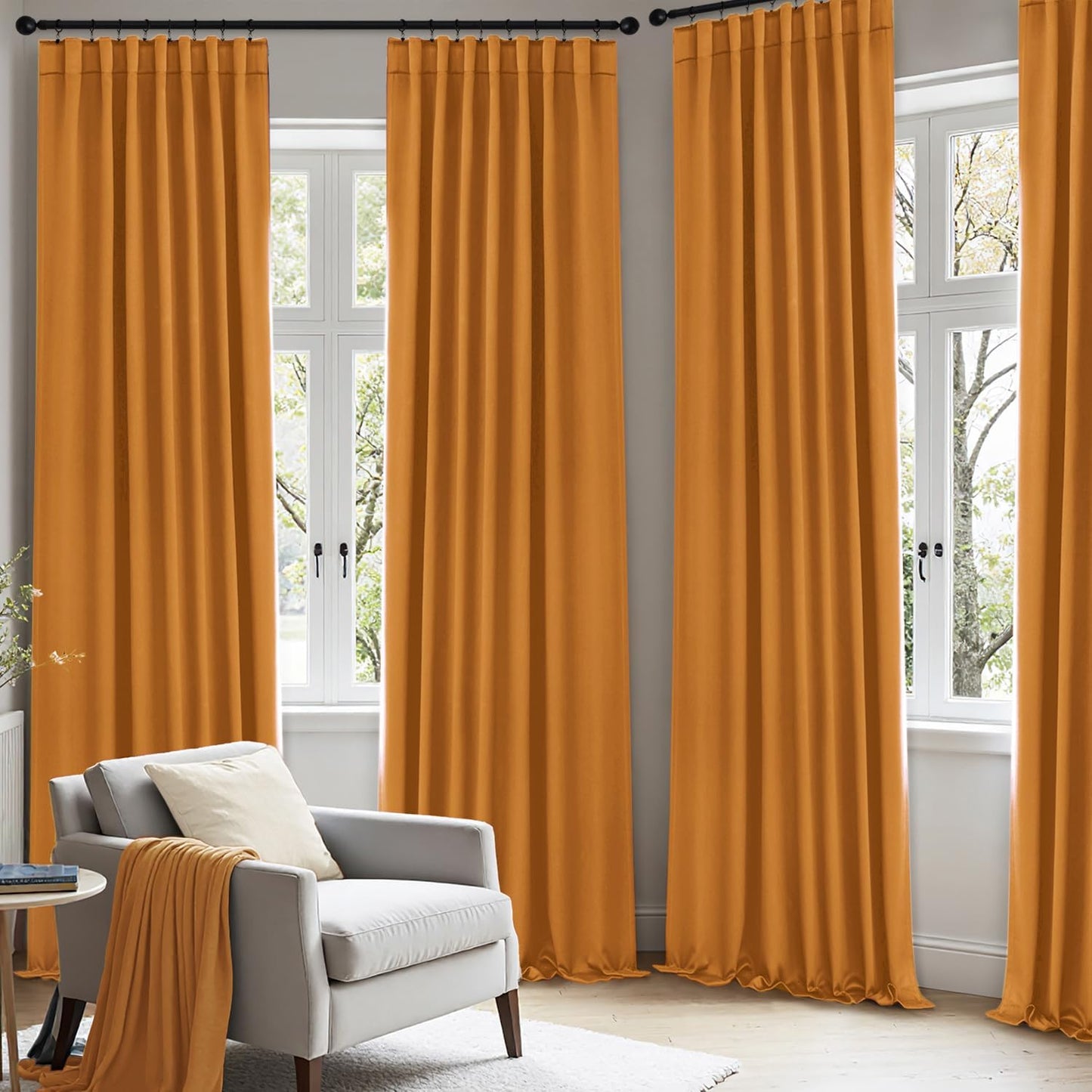 ANRODUO Rod Pocket and Back Tab Pleated Blackout Curtains Mustard Yellow Curtains 72 Inches Long 2 Panels, Thermal Insulated Room Darkening Living Room Bedroom Curtain, 42x72 Inches