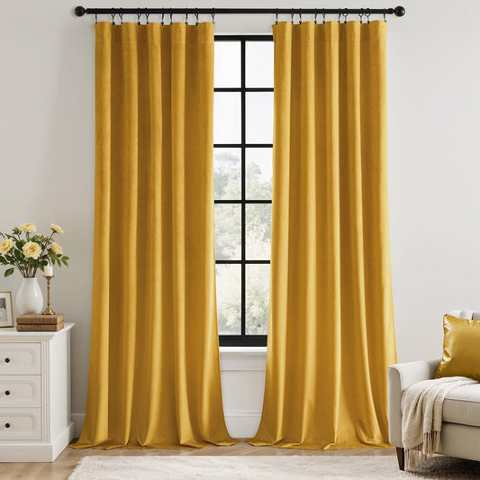 MIULEE Mustard Yellow Velvet Curtains 90 Inch Long Luxury Super Soft Thermal Insulated Blackout Curtains Room Darkening Drapes Rod Pocket Design for Bedroom Living Room Set of 2 Panels, W40 x L90 Inch