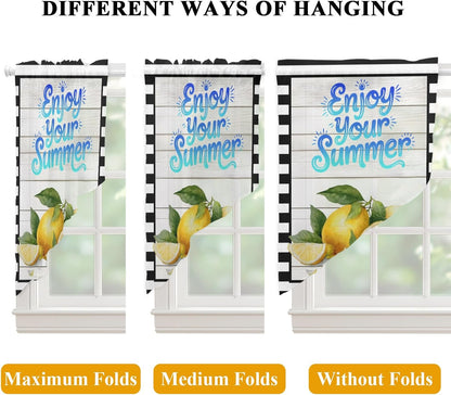 Yellow Lemon Swag Curtains 36 Inch Length 2 Panels Set,Summer Fruits Modern Minimalist Wooden Grain Semi-Sheer Curtain Drapes Rod Pocket Valance For Kitchen,Living Room,Bedroom,Cafe Window 56"Wx36"L