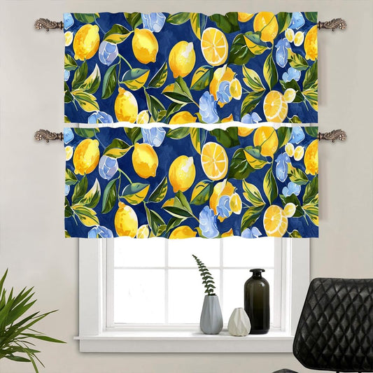 2 Panel Watercolor Lemon Navy Blue Valances for Windows, Yellow Fruit Food Rod Pocket Valance Curtains Home Decor Window Treatment for Kitchen/Living Room, 54" X 18"