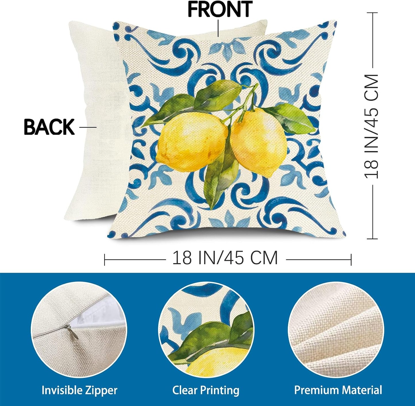 Lemon Italy Tile Pattern Decorative Throw Pillow Cover 18 x 18, Blue Italian Amalfi Coast Citrus Porch Outdoor Home Decor, Spring Summer Mediterranean Sofa Couch Cushion Case
