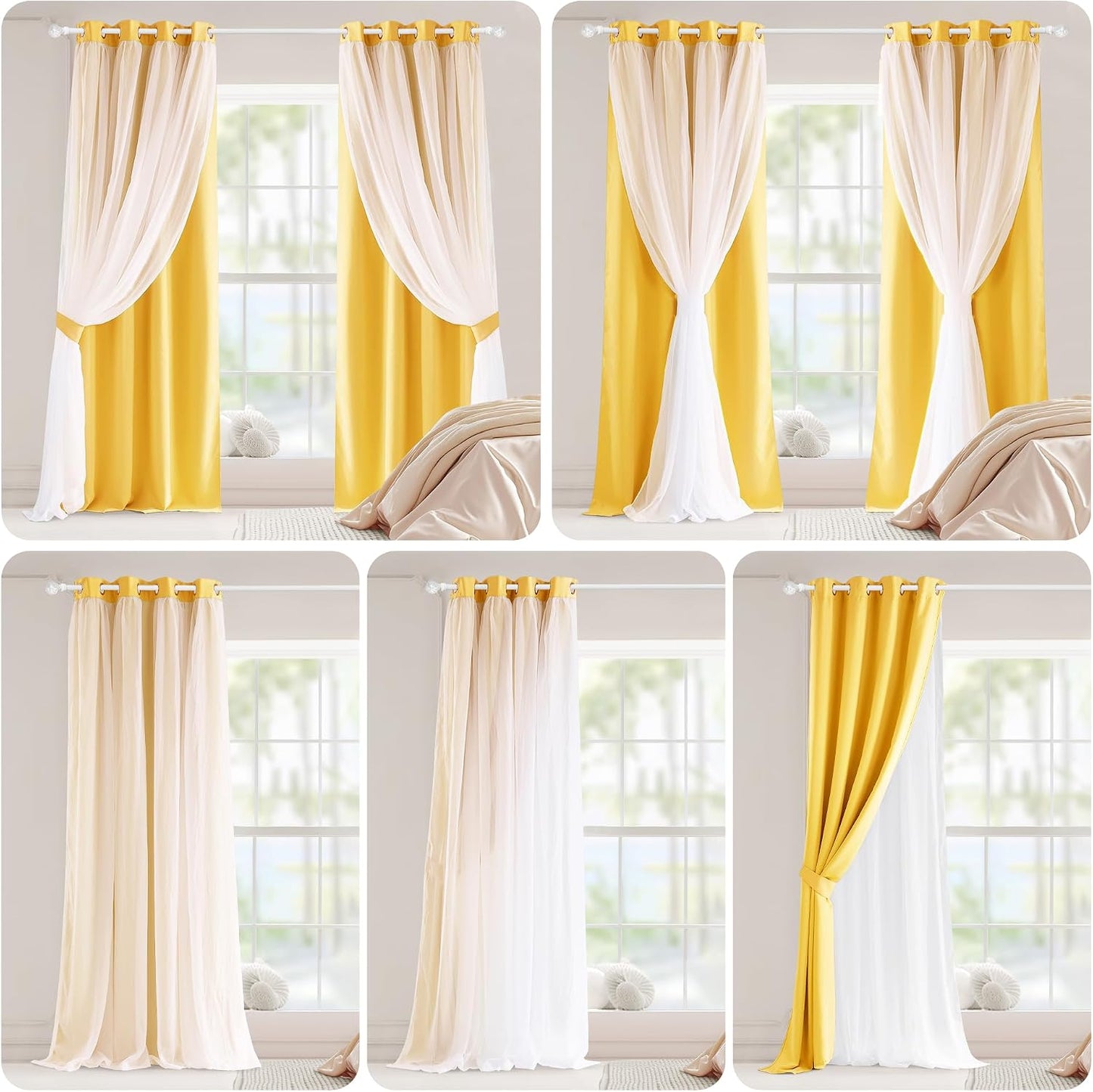 PONY DANCE Blackout Curtains - Curtains 84 inches Long with Sheer Overlay Nursery Panels for Bedroom/Living/Dining Room, 52 W by 84 L, Lemon Yellow, 2 Pieces