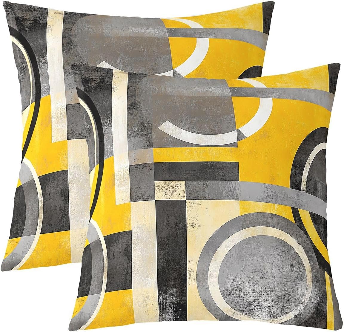Feelyou Yellow Grey Circle Geometric Reversible Throw Pillow Covers,Geometric Pillow Covers Home Decor Stripe Line Square Cushion Covers Set of 2 for Bed Sofa Couch,Modern Abstract Art 16 x 16-Inch