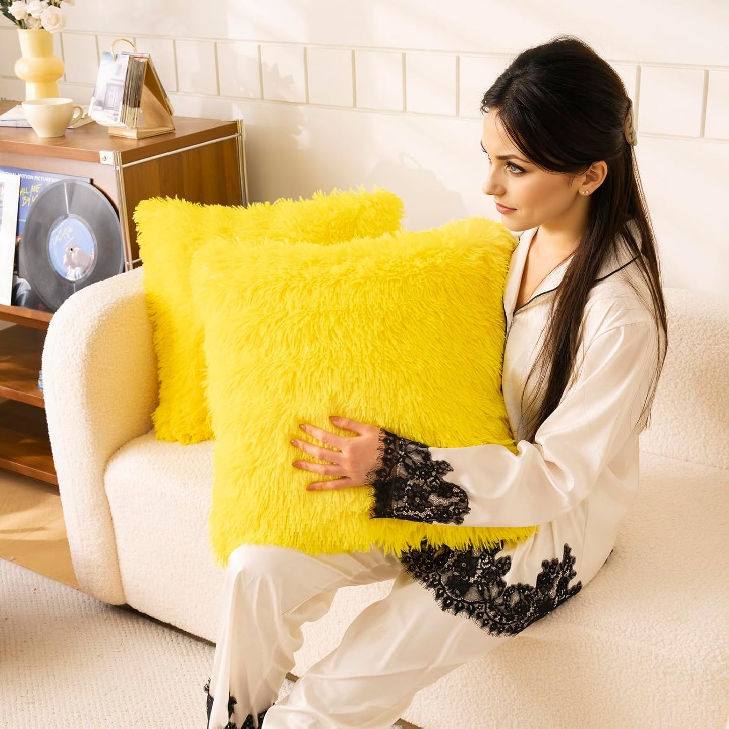 Faux Fur Yellow Throw Pillow Covers, Fluffy Soft Fuzzy Decorative Pillow Cases Cute Pillowcases for Home Bedroom Living Room, Zipper Closure, Set of 2 (Yellow, 18"x 18")