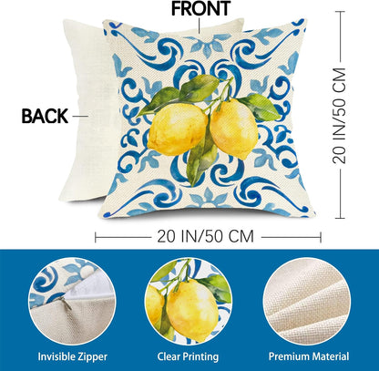 Lemon Italy Tile Pattern Decorative Throw Pillow Cover 20 x 20, Blue Italian Amalfi Coast Citrus Porch Outdoor Home Decor, Spring Summer Mediterranean Sofa Couch Cushion Case