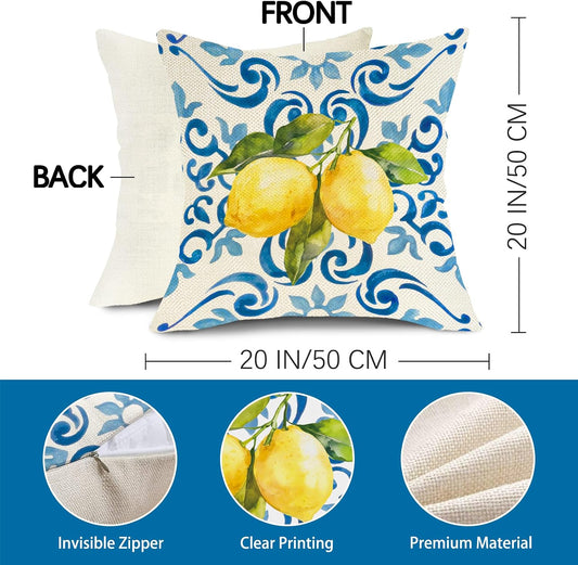 Lemon Italy Tile Pattern Decorative Throw Pillow Cover 20 x 20, Blue Italian Amalfi Coast Citrus Porch Outdoor Home Decor, Spring Summer Mediterranean Sofa Couch Cushion Case