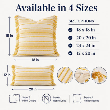 Spring Throw Pillow Covers 20x20 Set of 2, Striped Pillow Covers with Tassel Boho Cushion Cover Cotton Decorative Square Pillowcase for Sofa Couch Bed Living Room Neutral Decor, Yellow