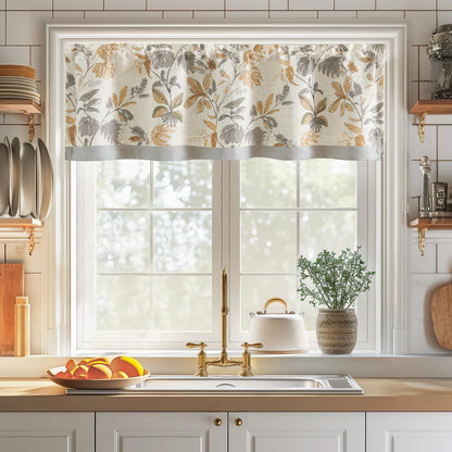 jinchan Linen Valance Double Layer Kitchen Window Curtain Yellow Leaf on Beige Valance for Living Room Cafe Farmhouse Light Filtering Rustic French Country Curtain 16 Inch Rod Pocket 1 Panel