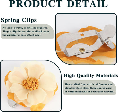 Meplait 2 Pack Flower Curtain Tiebacks & Holdbacks, No Drill Curtain Clips for Sheer Curtains Decorative Curtain Tie Back for Bedroom Nursery Living Room (Yellow Chiffon Camellia)