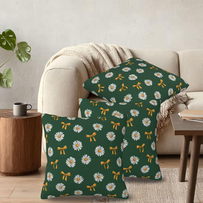 White Daisy Yellow Bows on Green Throw Pillow Covers Decorative 16x16 Pack of 2 Neutral Cushion Covers Farmhouse for Living Room Decor Sofa Bed