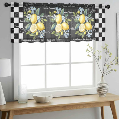 Summer Lemon Sheer Curtain 18 Inch Long Farm Plant Floral Leaf Black White Plaid Retro Light Filtering Rod Pocket Voile Curtain Valance for Bedroom Kitchen Cafe Window 54" W x 18" L