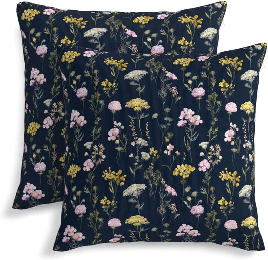 KiuLoam Navy Blue Light Pink Yellow Watercolor Wildflowers Pillow Covers 16x16 Inch Set of 2 Rustic Decorative Throw Pillows Outdoor Neutral Farmhouse Cushion Cases for Sofa Couch Bed Decor