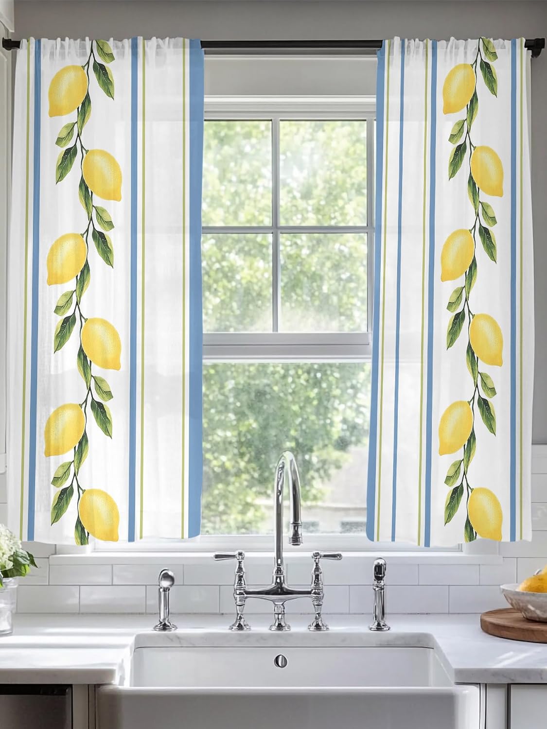 Lemon Striped Sheer Curtains 72 Inch Length 2 Panels, Yellow Fruit Blue White Geometric Light Filtering Voile Drapes for Living Room Bedroom Window Treatments, Rod Pocket Privacy Semi Sheer Curtains