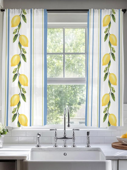 Lemon Striped Sheer Curtains 72 Inch Length 2 Panels, Yellow Fruit Blue White Geometric Light Filtering Voile Drapes for Living Room Bedroom Window Treatments, Rod Pocket Privacy Semi Sheer Curtains
