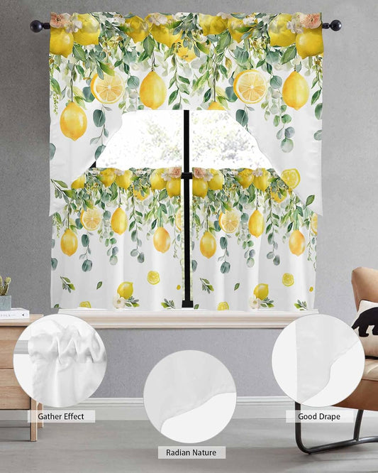 Yellow Lemon Kitchen Curtains Sets for Windows 3 Piece, Summer Fruit Kitchen Curtains and Valances Tier Set 24 Inch Length Green Eucalyptus Leaf Flower Swag Curtain for Living Room Cafe Bath Bedroom