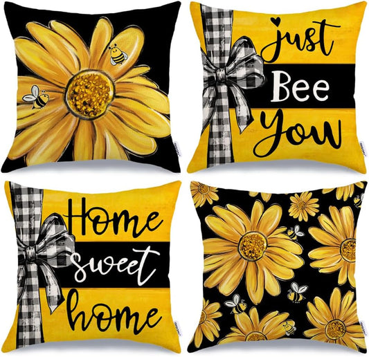 GEEORY Summer Pillow Covers 18x18 Inch Set of 4, Daisy Floral Bee Home Sweet Home Black Yellow Farmhouse Decorative Throw Pillowcases for Sofa G704-18