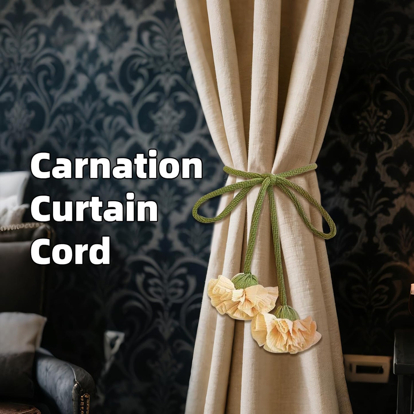 4 Pcs Carnation Flower Fabric Curtain Tiebacks,Adjustable Floral Curtain Rope Tiebacks for Home Office Shower Bedroom Decorative (Yellow)