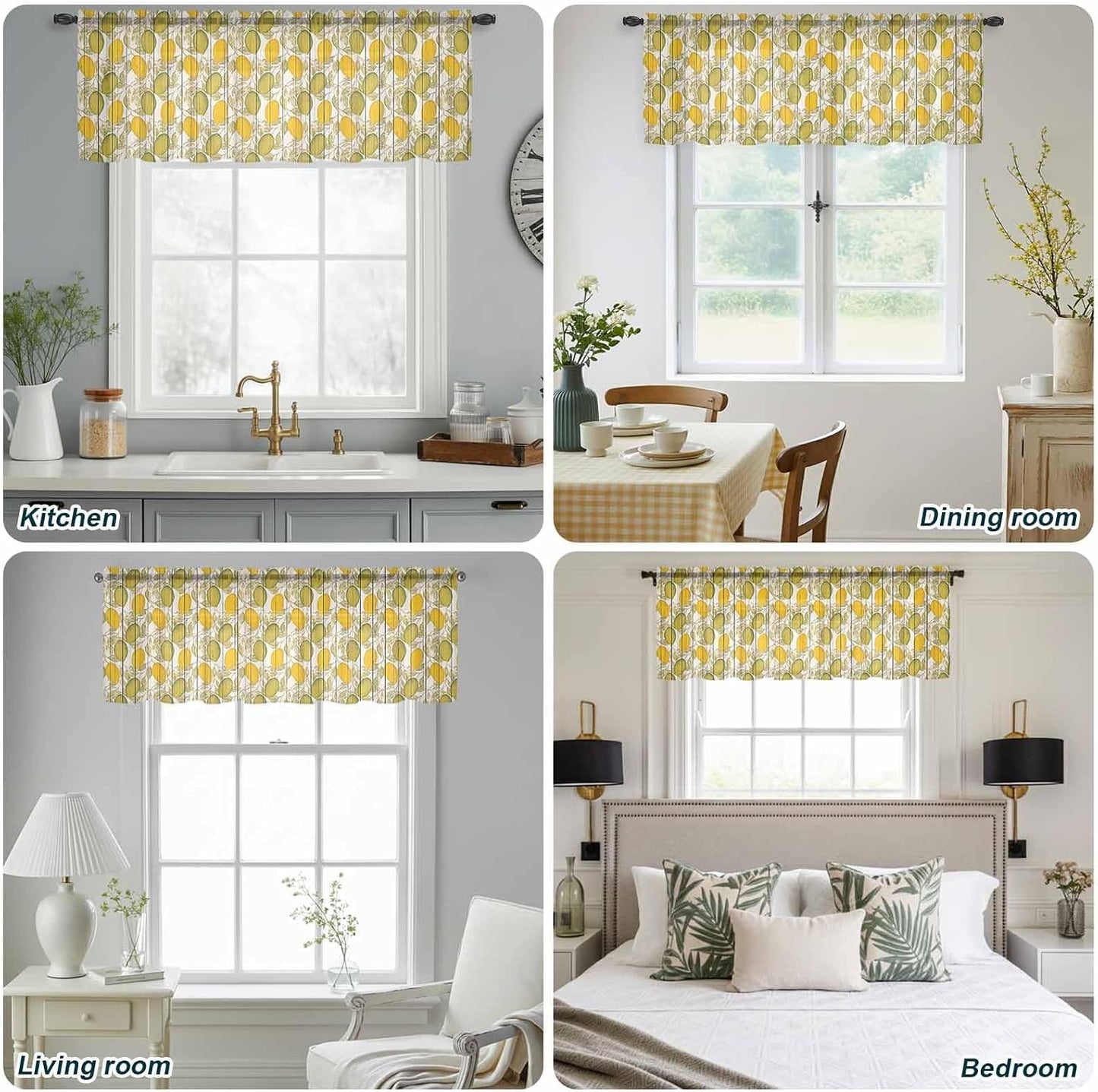 Summer Lemon Sheer Curtain 18 Inch Long with Leaves Wooden Light Filtering Rod Pocket Voile Curtain Valance for Bedroom Kitchen Cafe Window 54" W x 18" L
