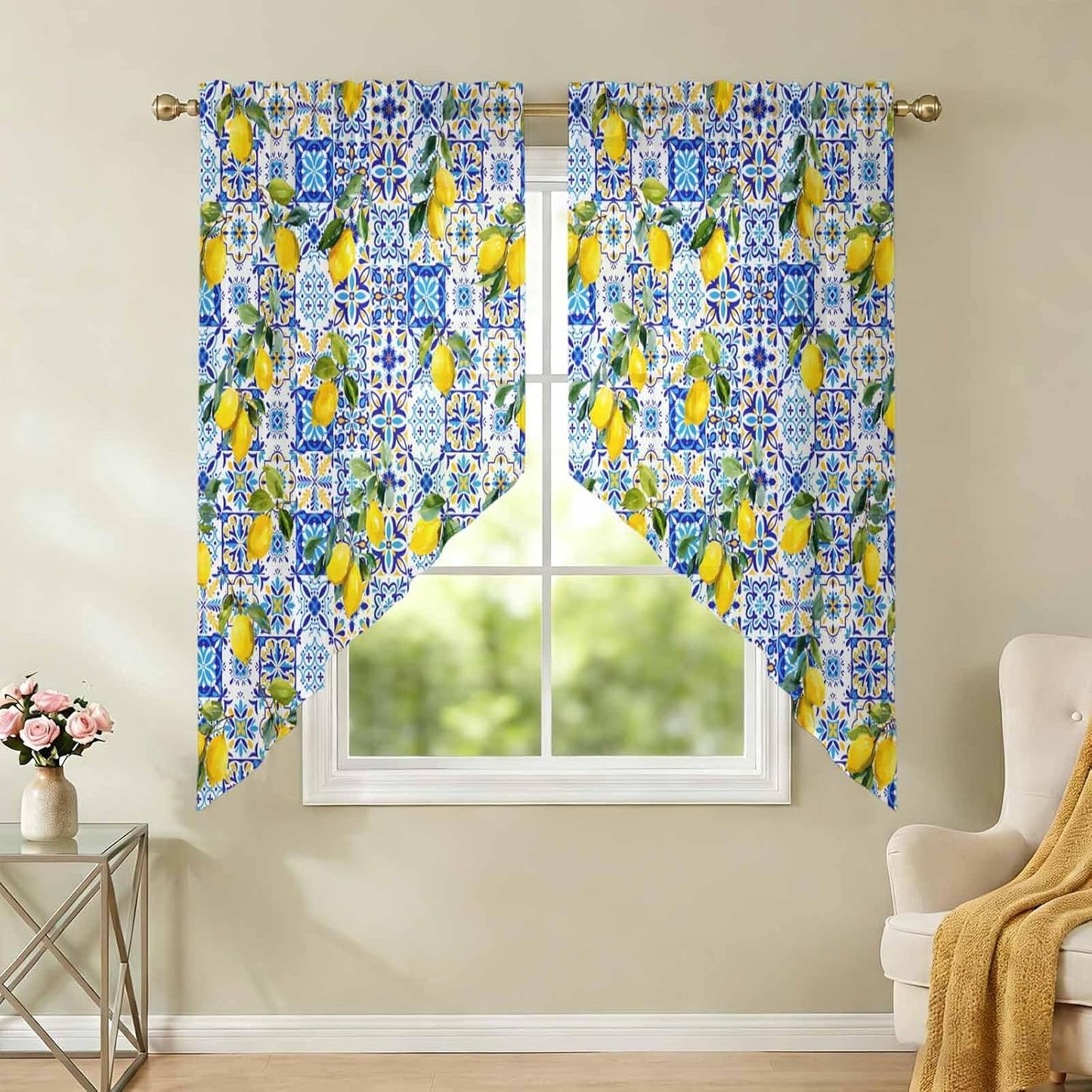 Summer Boho Lemon Swag Valances for Windows Watercolor Yellow Lemon Leaf Blue Floral Plaid Semi Sheer Valance Curtains Voile Swags Topper Curtain for Kitchen Living Room Bedroom, 2 Panels, 28x36 Inch