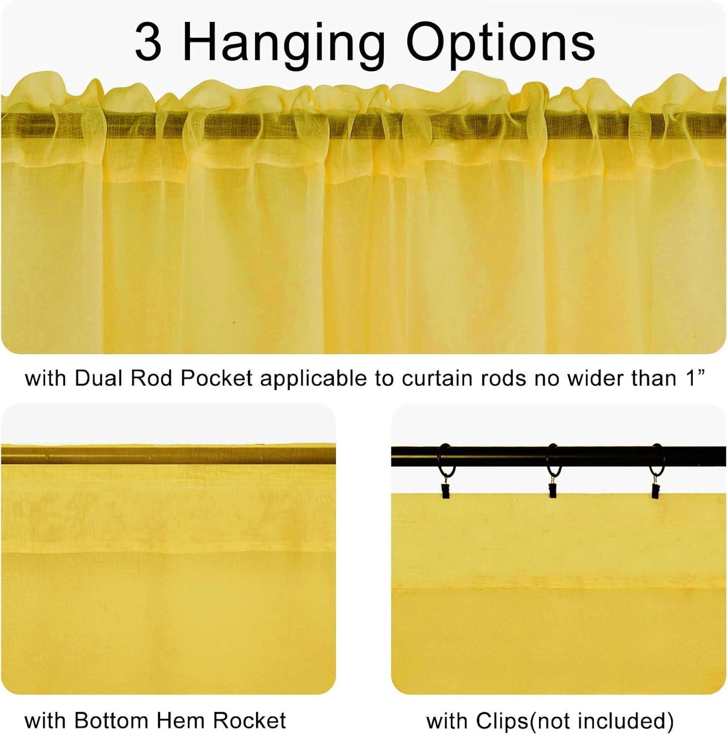 DWCN Sheer Curtain Valance 18 Inches Long, Light Filtering Curtain for Bathroom Bedroom, Small Kitchen Valance with Rod Pockets, 52x18 Inch, Yellow
