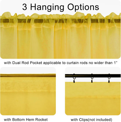 DWCN Sheer Curtain Valance 18 Inches Long, Light Filtering Curtain for Bathroom Bedroom, Small Kitchen Valance with Rod Pockets, 52x18 Inch, Yellow