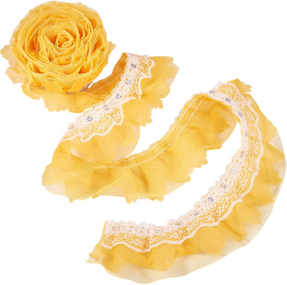 FASHEWELRY Yellow Ruffle Trim 2.2 Yards Organza Lace Trim 2 Inch Pleated Ribbon 2-Layer Fabric Trimming for Sewing Crafts Wedding Bridal Dress Appliques Headdress