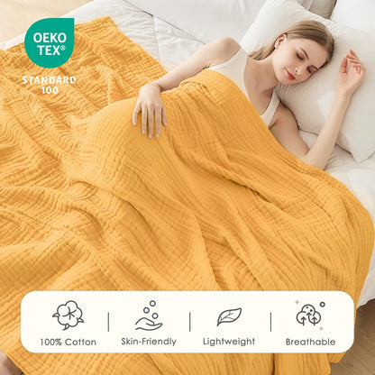 EMME Cotton Muslin Large Throw Blanket Couch Breathable Gauze Soft Lightweight Bed Blankets Adults (Heather Yellow, 50"x70")