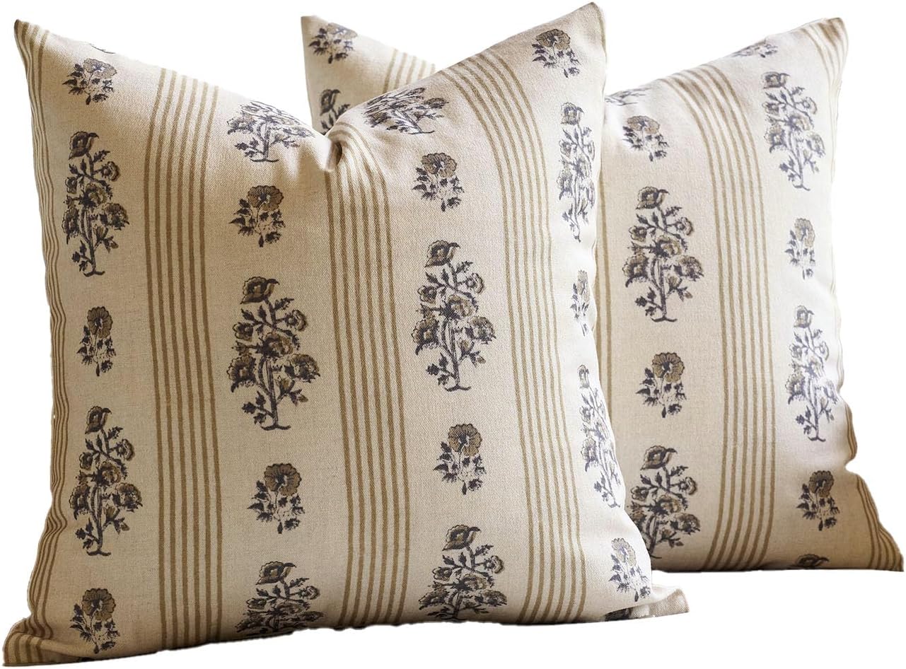 Amor Virisso Floral Throw Pillow Covers 20x20 Set of 2 Block Print Pillow Covers Neutral Floral Striped Farmhouse Decorative Pillow Covers for Sofa Couch Bed, Yellow