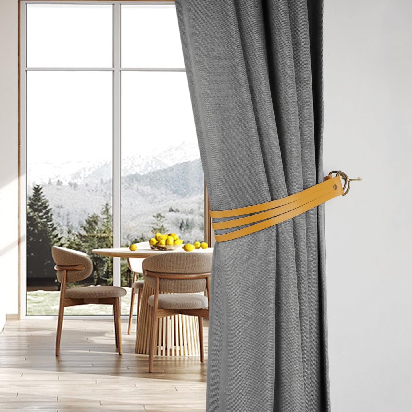 Leather Curtain Tiebacks Curtain Buckle Vintage Curtain Tie Backs Leather Curtain Rod Holder for Home Offic Living Room Bedroom 2 Pcs (Earth Yellow, Narrow)