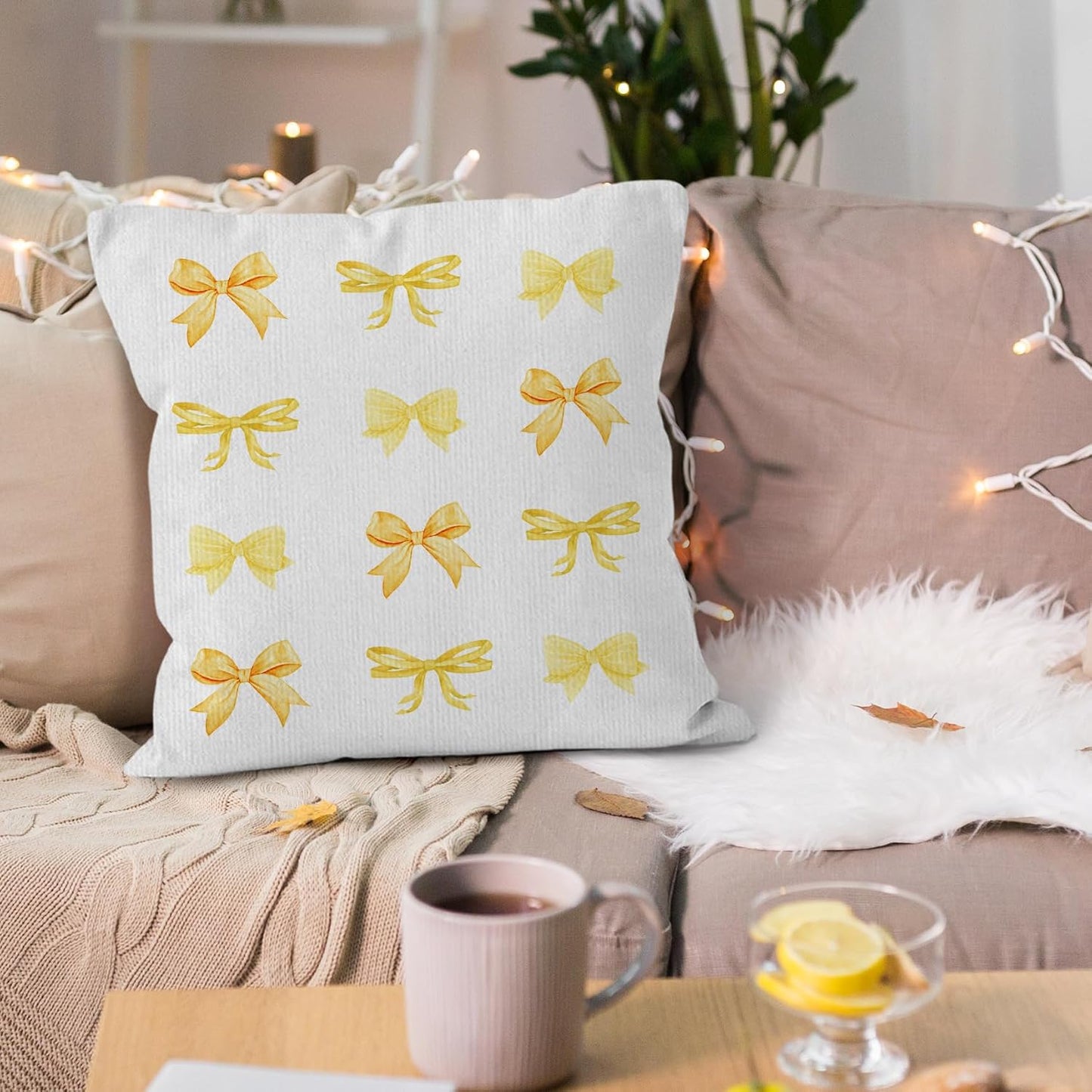Yellow Bow Throw Pillow Covers, Coquette Pillow Covers, Girly Decorative Pillow Covers for Girls Room Aesthetic, Coquette Room Decor, Bow Room Decor, Preppy Trendy Decor Pillow Covers 18x18